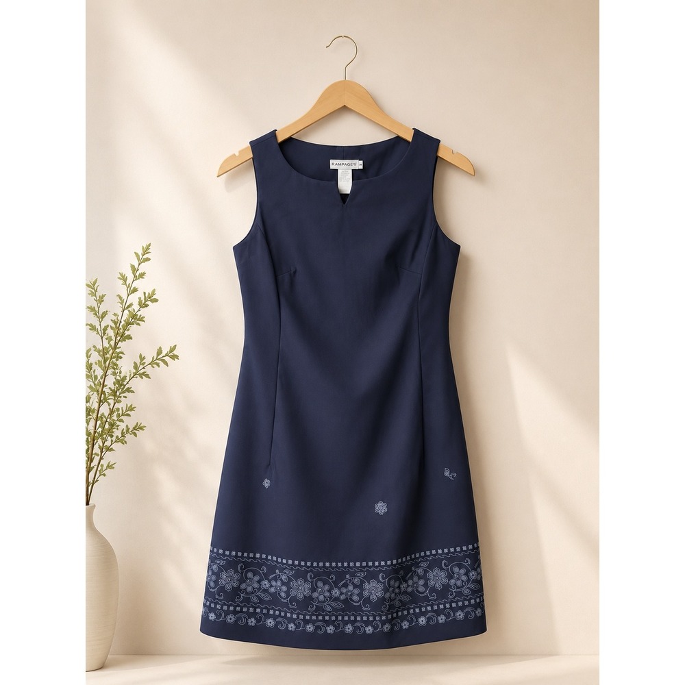 Rampage Navy Blue Sleeveless Floral Embroidered Dress Size S Vintage